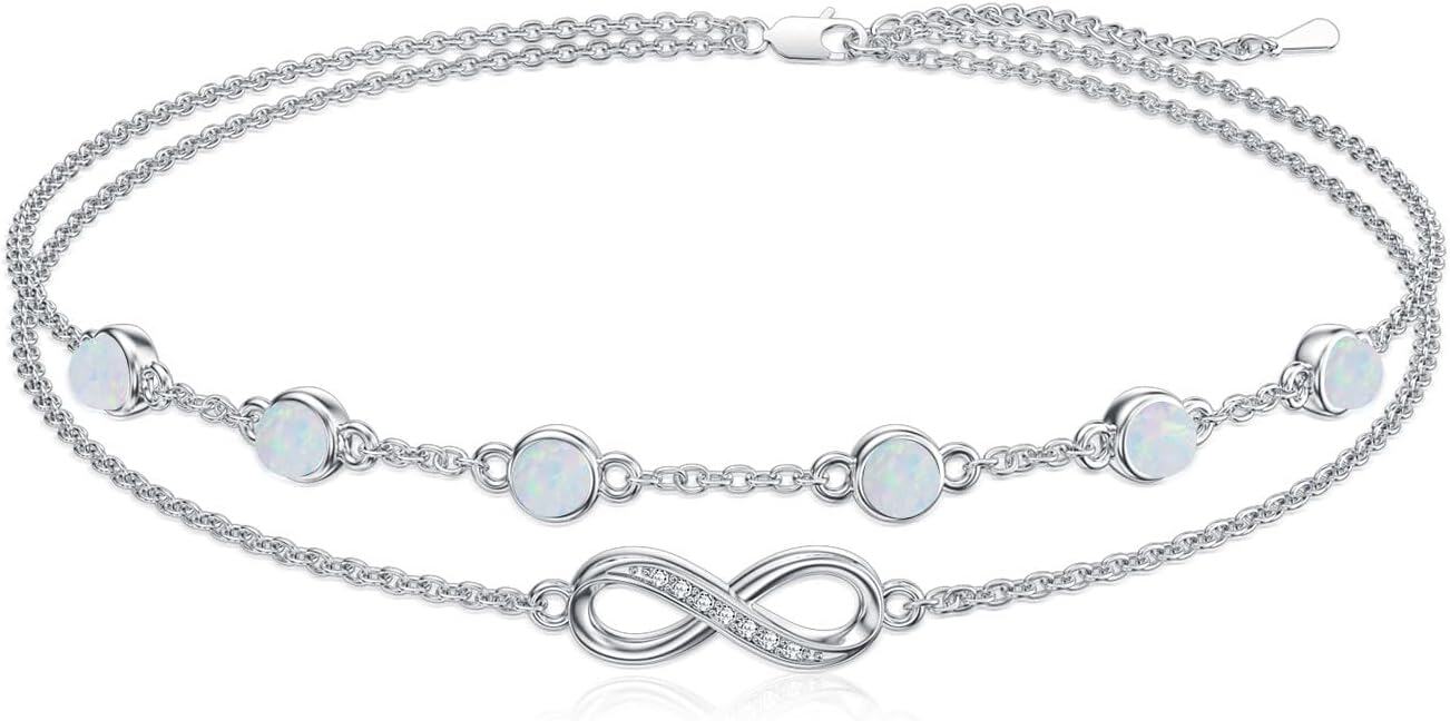 Sterling Silver Birthstone Women s Anklet Bracelets Infinity Butterfly Evil Eye Turtle Pineapple Starfish Heart-Anklet 9"-11"-Infinity 14-Opal