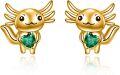 wholesale 14K Gold Axolotl Stud Earrings with Green Heart-Shaped Stone - Adorable Animal s for Women-0-0