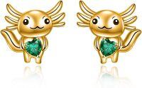 wholesale 14K Gold Axolotl Stud Earrings with Green Heart-Shaped Stone - Adorable Animal s for Women-Axolotl