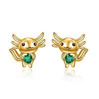 wholesale 14K Gold Axolotl Stud Earrings with Green Heart-Shaped Stone - Adorable Animal s for Women-Axolotl