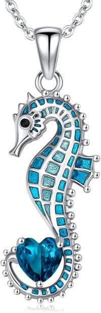 wholesale 925 Sterling Silver Birthstone Blue Seahorse Heart Pendant Necklace-December