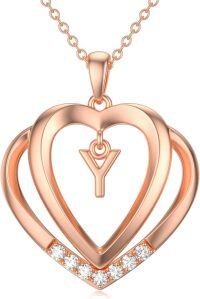 wholesale Sterling Silver Moissanite Heart Initial Pendant Necklace for Her-Rose Gold - Y Initial