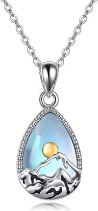 wholesale 925 Sterling Silver Teardrop Moonstone Mountain Range Pendant Necklace with Gold Sun Charm for Nature Lovers-mountain necklace
