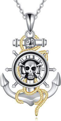 wholesale 925 Sterling Silver Pirate Skull & Crossbones Anchor Pendant Necklace - Nautical Jewelry for Men and Women-Skull Anchor Necklace