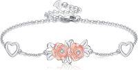 wholesale 925 Sterling Silver Heart & Rose Flower Charm Bracelet with Cubic Zirconia Accents and Adjustable Chain for Women Girls  47cm/18.3inches Length (Rose Gold)-Rose