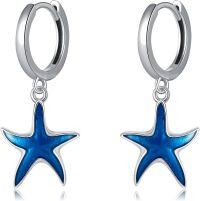 wholesale 925 Sterling Silver Blue Enamel Starfish Dangle Hoop Earrings for Women-Starfish