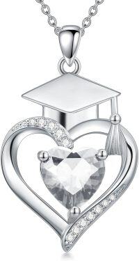 wholesale  Sterling Silver Heart Birthstone Necklace High School College Graduation Jewelry for Her -Customized projection image + text 04-Apri-White-Non-Personalized 04-Apri-White