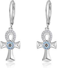 wholesale 925 Sterling Silver Cross Evil Eye Leverback Drop Earrings - Hypoallergenic Egyptian Style Jewellery-White Gold