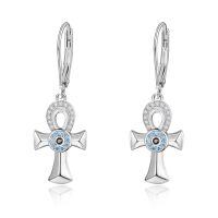 wholesale 925 Sterling Silver Ankh Dangle Earrings Wholesale With Blue Cz Accents-White Gold