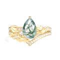 TOUPOP 10k 14k 18k Gold Moss Agate Moissanite Pear Bridal Wedding Ring Set-0-0