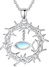 wholesale 925 Sterling Silver Crown of Thorns Pendant Necklace with Blue Stone Religious Jewelry for Men and Women-Jesus Fish