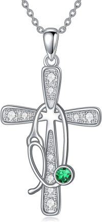 wholesale 925 Sterling Silver Birthstone Crystals Stethoscope Necklace for Nurse Doctor Medical Student-5-May-Emerald