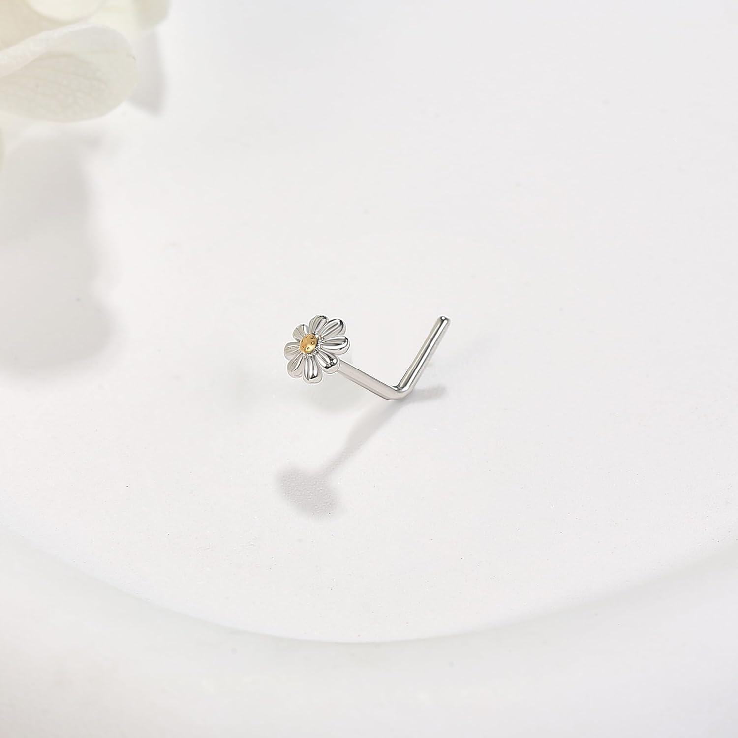 wholesale 925 Sterling Silver Flower Design L-Shaped Nose Ring (Rose Gold)-0-4