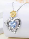 wholesale S925 Sterling Silver Gold Plated Aquamarine Sunflower Heart Pendant Necklace - You Are My Sunshine Gift for Women-0-4