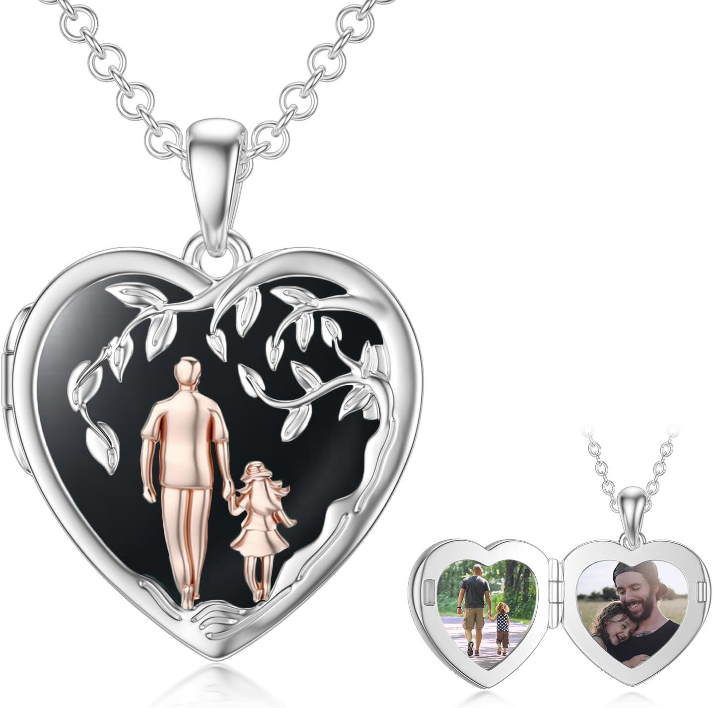 Sterling Silver Abalone Shell Daughter Locket Necklace Gift from Mom Dad-02-07-Father Daughter Locket-Black Onyx+ Photo