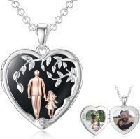 wholesale 925 Sterling Silver Heart Locket Necklace Wholesale Father Daughter Walk Together Photo Frame-02-07-Father Daughter Locket-Black Onyx+ Photo
