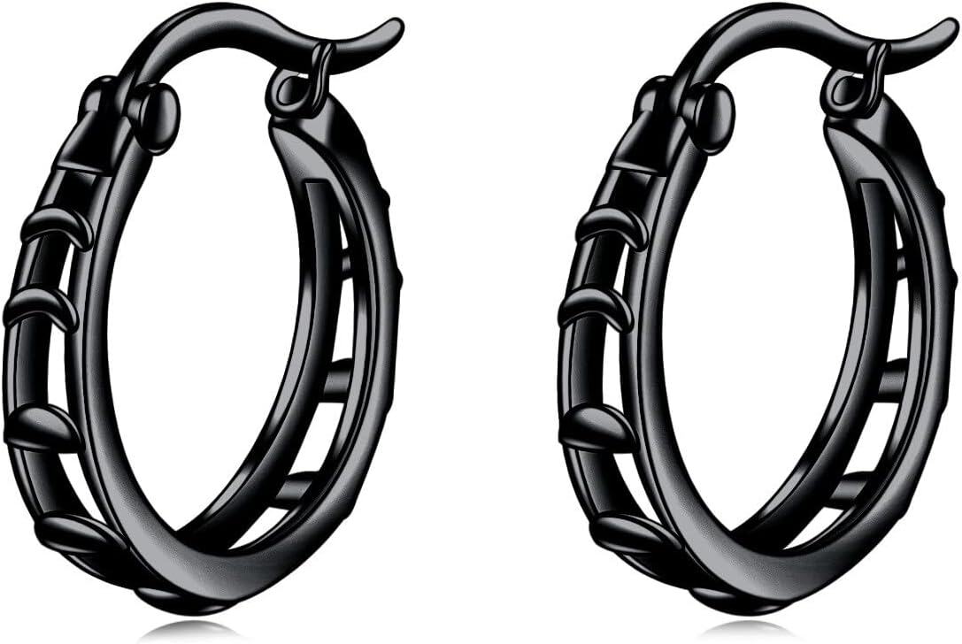 Sterling Silver Hypoallergenic Small Hoop Sun Leaf Triangle Huggie Earrings for Women-Moon Phase-Black-Moon Phase-Black