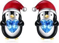 wholesale 925 Sterling Silver Heart-Shaped Penguin Stud Earrings with Blue Crystal Accents-Penguin