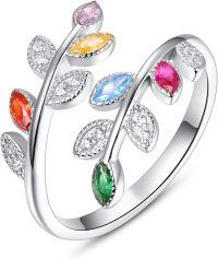 wholesale Sterling Silver Cubic Zirconia Dainty Leaf Rainbow Adjustable Open Ring-multicolor cubic zirconia ring