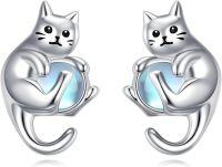 wholesale 925 Sterling Silver Cat Heart Moonstone Stud Earrings for Women Girls Gift-Cat earrings