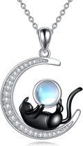 wholesale 925 Sterling Silver Opalite Crescent Moon Black Cat Pendant Necklace-0-0