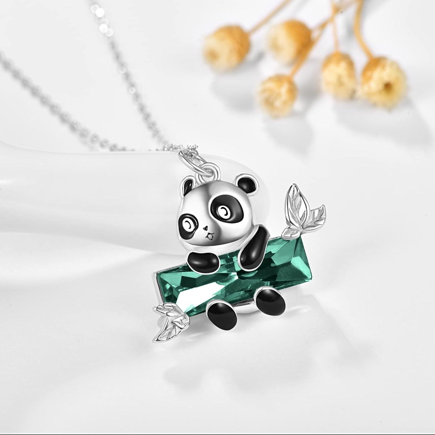 925 Sterling Silver Green Crystal Panda Charm Necklace for Women Mom Wife Gift-0-2