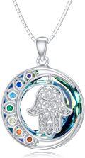 wholesale 925 Sterling Silver Rainbow Swarovski Crystals Triple Moon Goddess Hamsa Hand Pendant Necklace for Women-0-0