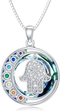wholesale 925 Sterling Silver Rainbow Swarovski Crystals Triple Moon Goddess Hamsa Hand Pendant Necklace for Women-Hamsa Hand