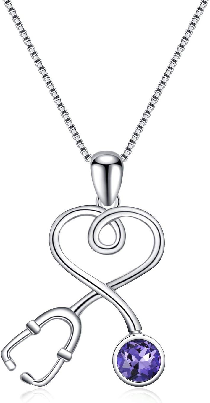 Sterling Silver Stethoscope Necklace w 12 Austria Birthstone Crystals Med Grad Gift-925 Silver - Amethyst Purple