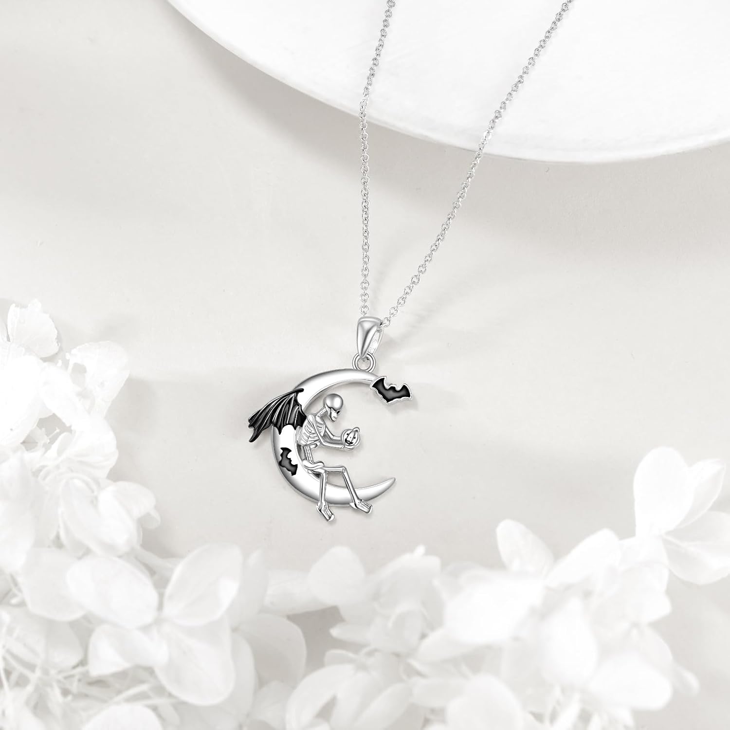  Sterling Silver Skull Bat Pendant Halloween Necklace Jewelry Gift -0-3
