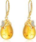 wholesale 925 Sterling Silver Yellow Gold Plated Teardrop Amber Butterfly Drop Earrings-0-0