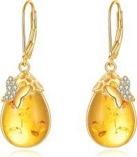 wholesale 925 Sterling Silver Yellow Gold Plated Teardrop Amber Butterfly Drop Earrings-Butterfly