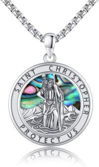 wholesale 925 Sterling Silver St Christopher Protect Us Abalone Shell Medallion Necklace-10e-St Christopher-Abalone Shell-10e-St Christopher-Abalone Shell