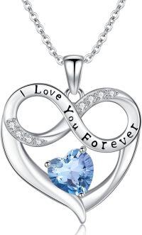 wholesale 925 Sterling Silver 12 Month Birthstone Necklace for Women I Love You Forever Engraved Heart Pendant 18 +2 Chain Valentine Mother s Day Birthday Christmas Gift-03-Mar-Lab Created Aquamarine
