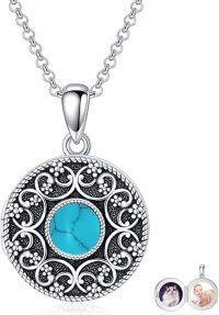 wholesale Sterling Silver Round Picture Locket Necklace Holds 2 Photos Jewelry Gift-Turquoise Locket Only+Photo+Text-Turquoise Locket Only