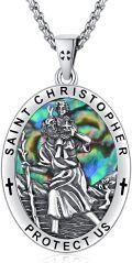 wholesale 925 Sterling Silver St Christopher Protect Us Malachite Stone Oval Pendant Necklace w/ 24 Rolo Chain-0-12