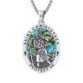 wholesale 925 Sterling Silver St Christopher Protect Us Malachite Stone Oval Pendant Necklace w/ 24 Rolo Chain-0-12
