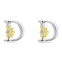 wholesale 925 Sterling Silver Sunflower Initial Alphabet Letter Script Name Stud Earrings for Women-Initial D