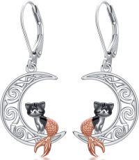wholesale 925 Sterling Silver 925 Cute Cat Mermaid Moon Dangle Earrings - Adorable Animal Jewelry for Women-Cat