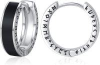 wholesale 925 Sterling Silver Norse Viking Rune Huggie Hoop Earrings with Black Enamel Accents-Stoneless