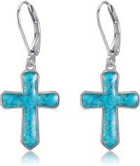 wholesale 925 Sterling Silver Turquoise Stone Cross Dangle Drop Earrings for Women-Turquoise Cross