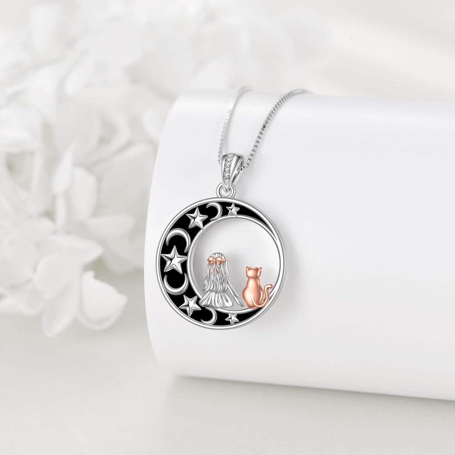 Sterling Silver Moon Star Necklace w Cat Wolf Fox Pendant Jewelry Gift-0-3