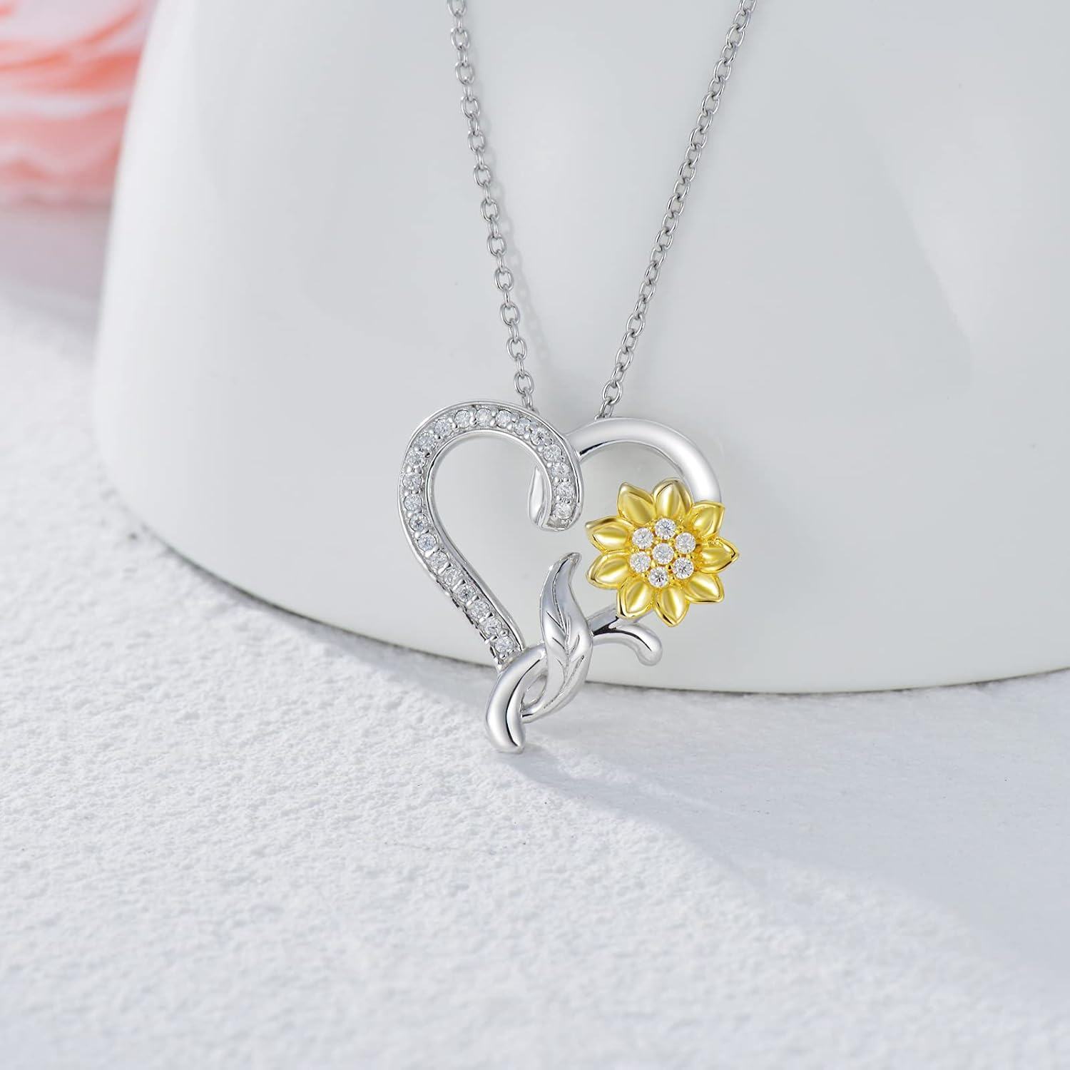 Gold-Plated 925 Sterling Silver Moissanite Sunflower Heart Pendant Necklace for Women-0-3