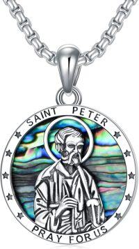wholesale 925 Sterling Silver & Abalone Shell St. Peter Medal Necklace – 22mm Round Religious Pendant with Adjustable 20  Chain for Women-09-Saint Peter (Abalone Shell)