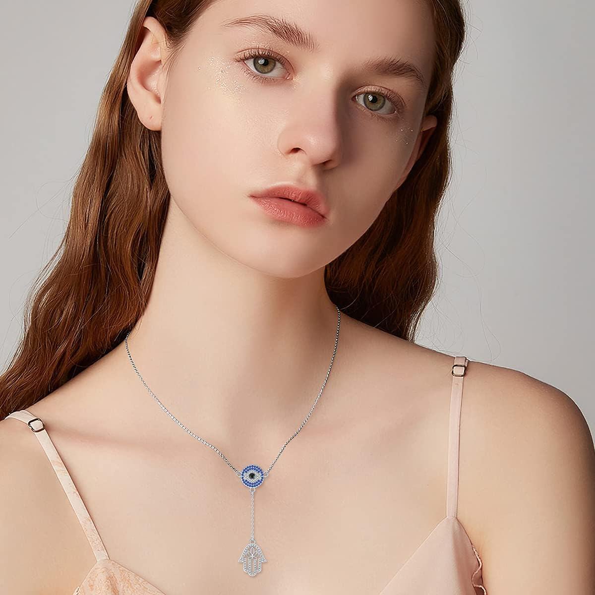 wholesale 925 Sterling Silver Evil Eye Hamsa Hand Lariat Necklace with Blue and White CZ Stones Protection Amulet  for Women-0-4
