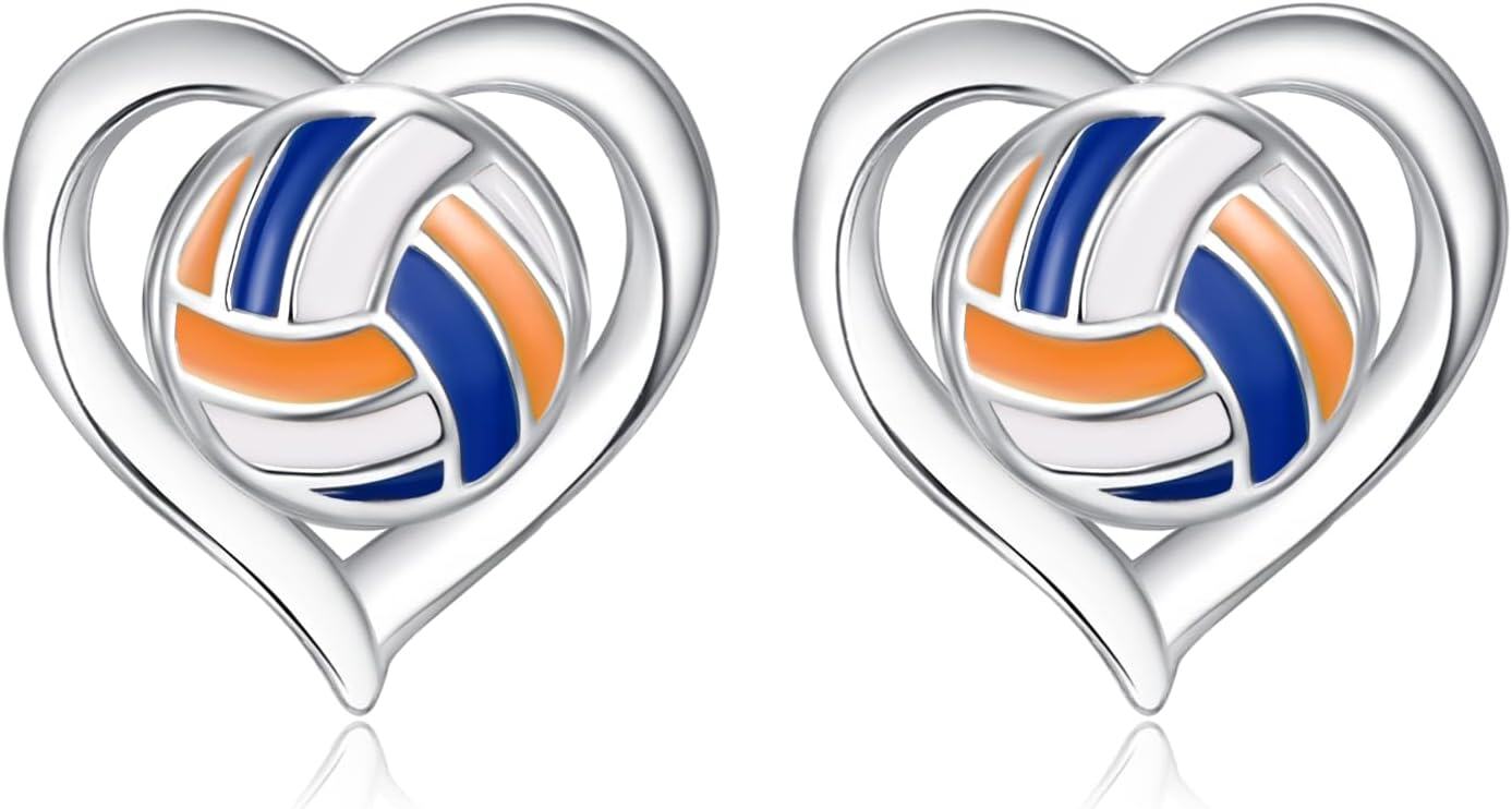  Sterling Silver Heart Stud Sports Game Earrings Jewelry Gifts for Women -Volleyball