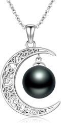 wholesale 925 Sterling Silver Crescent Moon & Black Pearl Pendant Necklace with 18+2 Chain - Valentines Day/Mothers Day Gifts for Her-0-0