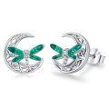 wholesale 925 Sterling Silver Green Enamel Celtic Moon Dragonfly Stud Earrings Irish  for Women Girls-0-0