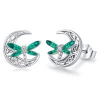 wholesale 925 Sterling Silver Green Enamel Celtic Moon Dragonfly Stud Earrings Irish  for Women Girls-Dragonfly-Green