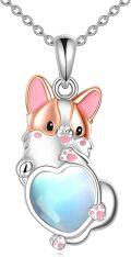 wholesale 925 Sterling Silver Heart Corgi Pendant Necklace with Blue Opal Stone and Pink Enamel Accents-0-0